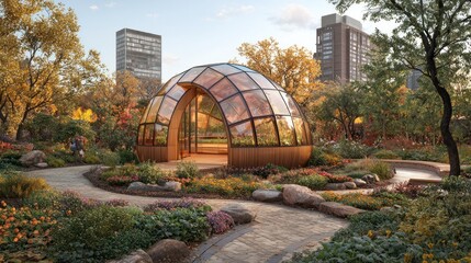 Dome pavilion in a garden with trees and pathways