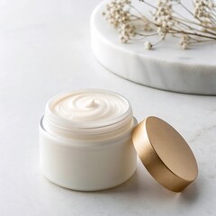 mockup of cream jar with lid on marble surface
