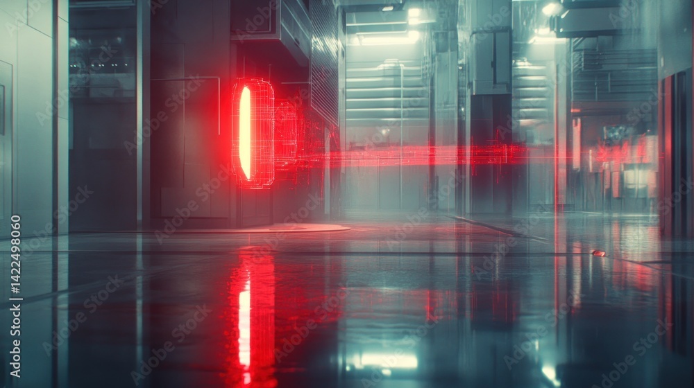 Poster futuristic industrial corridor with red neon lights and reflections showing cutting-edge technology 
