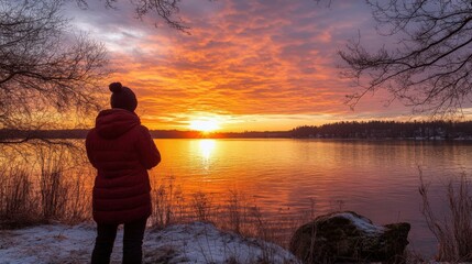 Person in coat watches a vibrant sunset over calm water