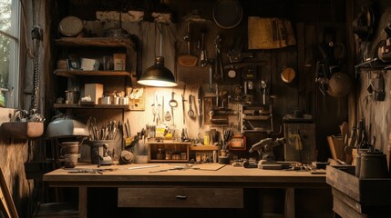 A dimly lit workshop filled with tools and equipment on display