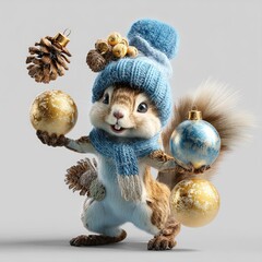 Fototapeta premium Squirrel wearing a blue hat and scarf juggles holiday ornaments and pine cones