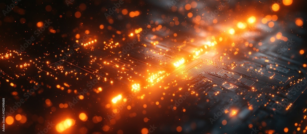 Poster futuristic technology concept, glowing circuit board with abstract light patterns