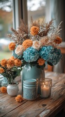 Fototapeta premium Flowers bloom in a vase, by a candle near the window