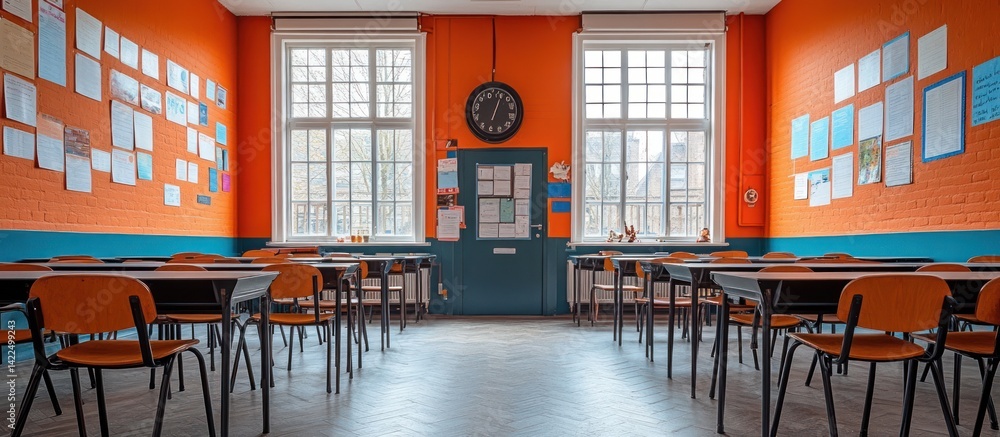 Poster empty classroom with orange walls and tables