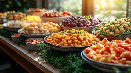 Obraz premium Colorful assortment of fresh fruits and vegetables displayed on a wooden table in a sunlit room