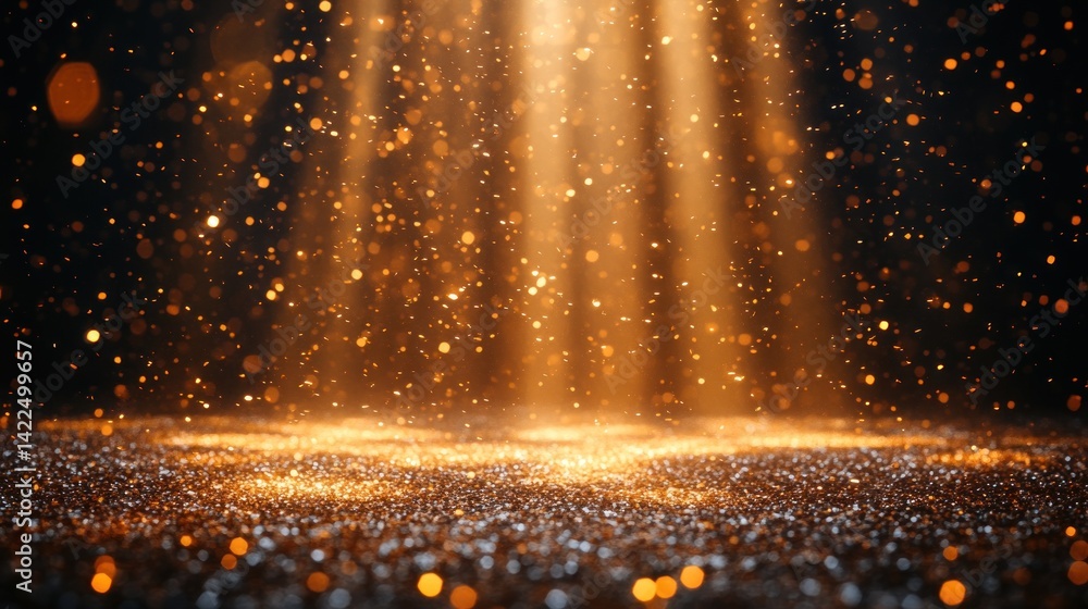 Poster golden light beams shining down on a glittering surface creating a magical, ethereal and enchanting 