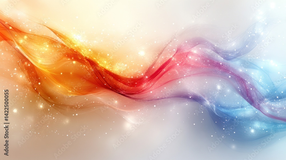 Poster abstract colorful flowing wave design with glowing particles background