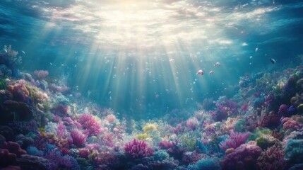 Vibrant coral reef ecosystem bathed in sunlight.