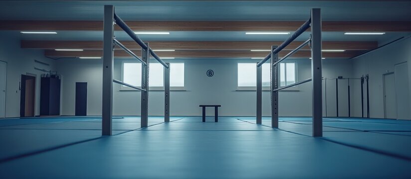Empty gym with parallel bars, mats, and a bench.  Use fitness, exercise, workout