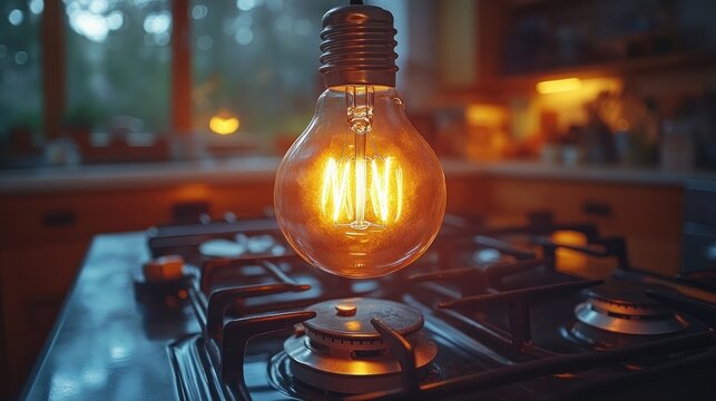 A bright idea energy saving concept with a glowing light bulb over a gas stove burner symbolizing innovative sustainable solutions