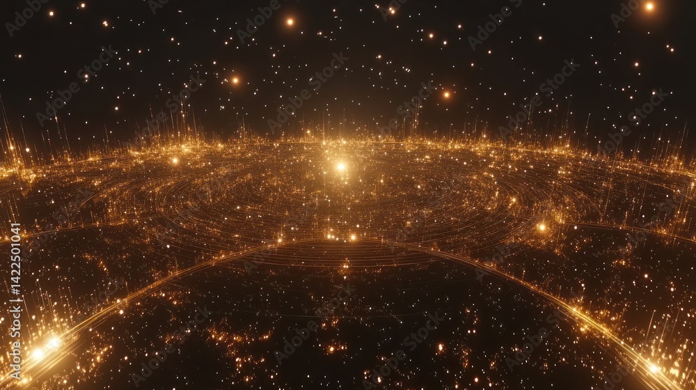 Poster golden expanse of interconnected data points in a dark cosmic scene