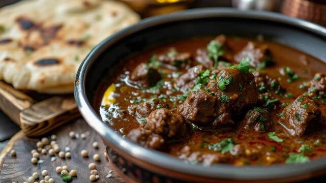 Savor the authentic taste of Indian cuisine with a hearty serving of curry and flatbread. This dish is rich in beef, flavored by aromatic spices and garnished with papadum.