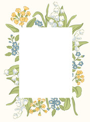 Vintage botanical rectangular frame with lily of the valley, cowslips, forget me nots, foliage. Decorative vector wreath inspired by spring gardens for Easter, weddings and cottagecore stationery.