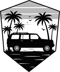 Off-road car with surfboard and palm tree icon. Suv. Black silhouette. Side view. Vector simple flat graphic illustration.