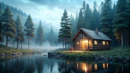 Fototapeta premium A cozy wooden cabin by a still lake on a foggy morning, surrounded by pine trees, with soft light filtering through the mist 