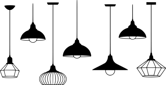 Various hanging ceiling lamps. Lamp, chandelier. Black silhouette. Front side view. Vector simple flat graphic illustration. Isolated object on a white background