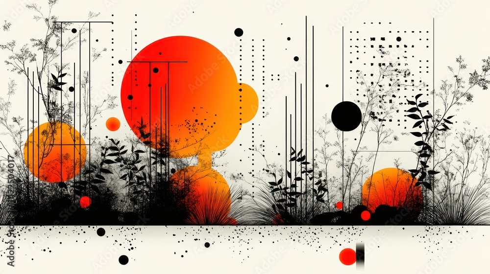 Aufkleber abstract landscape with geometric shapes and botanical elements creating a modern artistic compositi