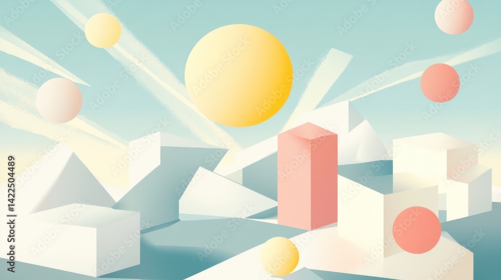 Poster abstract geometric landscape with floating spheres and solid shapes composition