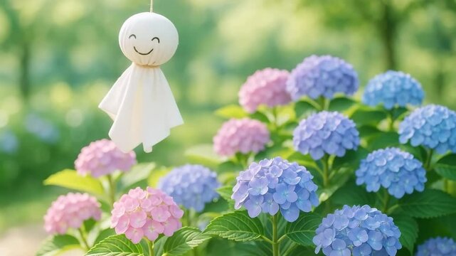 満開の紫陽花の前に並ぶてるてる坊主