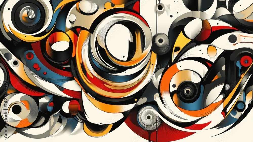 Poster vibrant circular abstraction, a dynamic composition of colors and shapes