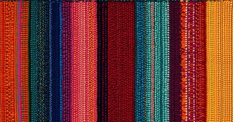 Obraz premium A vibrant close-up of a colorful woven textile, perfect for Cinco de Mayo party decor and ethnic clothing, capturing warmth and dynamic patterns to enhance festive designs.
