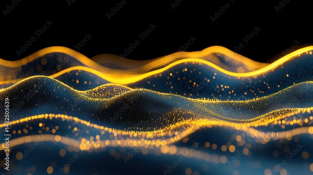 Poster abstract glowing particle waves against a dark background creating a futuristic and energetic ambian