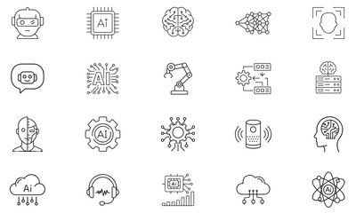 Fototapeta premium Set of 20 Line Icons Related to Artificial Intelligence, Neural Networks, Robotics, and Machine Learning. Artificial Intelligence Line Icons Collection. Vector Illustration.