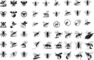 Wasp Silhouette Set | Vector Insect Clipart Collection Wasp Icon Bundle | Black Insect Silhouette Design