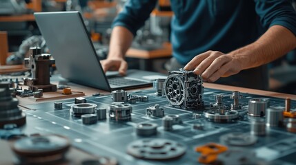 Engineer inspecting machine parts, workshop, blueprint