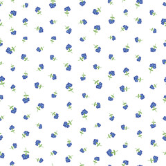 Beautiful cute small tiny rose flowers with leaves on white background, simple vintage ditsy millefleur style blue colors. Seamless pattern textile fabric print design. Vector template illustration