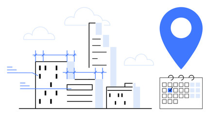 Buildings under construction with scaffolding, surrounding skyscrapers, blue location marker, and calendar symbolize urban planning, project management, scheduling, real estate, event planning