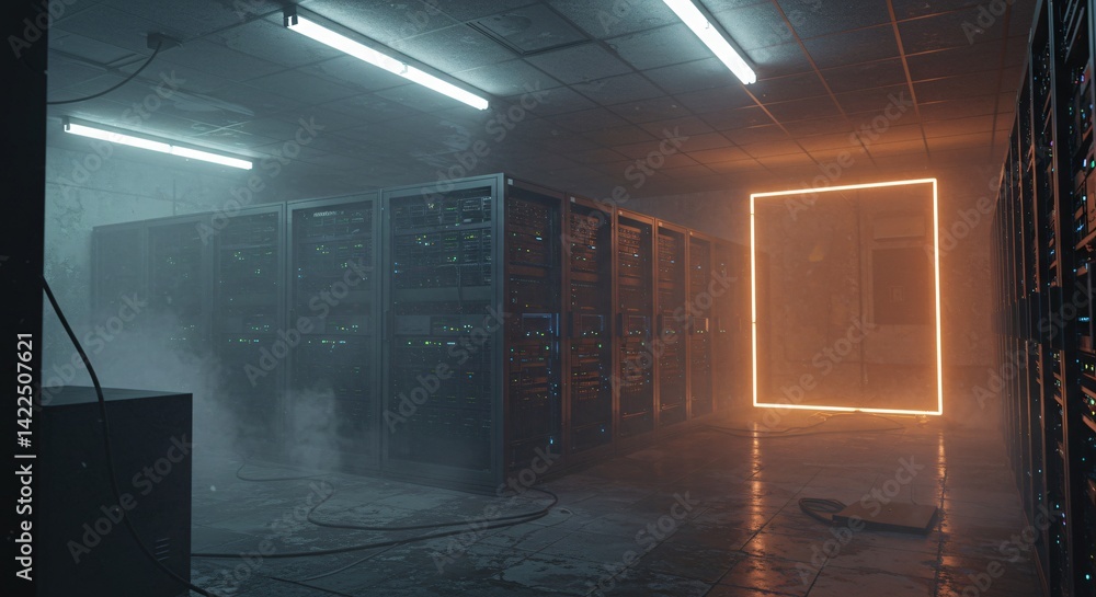 Aufkleber dark room filled with server racks and glowing neon square portal in misty air. data center or serve