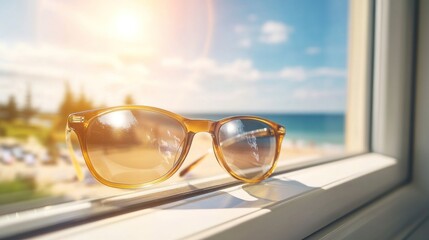 Relaxing sunglasses rest on a windowsill, overlooking a beach scene.
