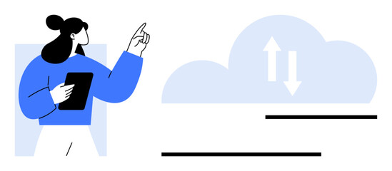 Woman holding tablet gestures towards cloud graphics with up and down arrows symbolizing data transfer. Ideal for cloud computing, data storage, technology, networking, business solutions