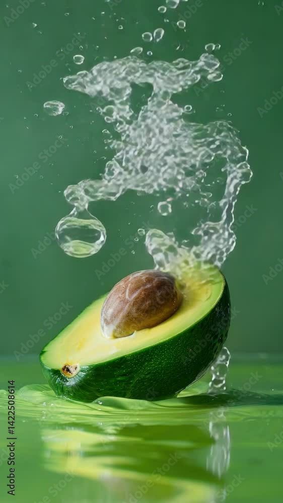 Poster a green avocado is floating in a pool of water. the water is splashing around the avocado, creating 