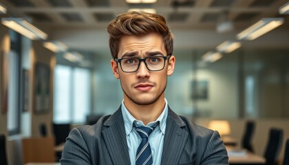 Young man in business attire, serious expression