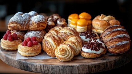 Assorted pastries displayed on a wooden board, showcasing various textures and colors, with a blurred caf? background