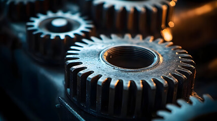 Metal gear sprockets in well used machine, closeup still life with beautiful textures and shape. Detail gear wheel