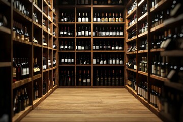 Hyper realistic 3d render of a wine store with wooden shelves and warm lighting in a dark room