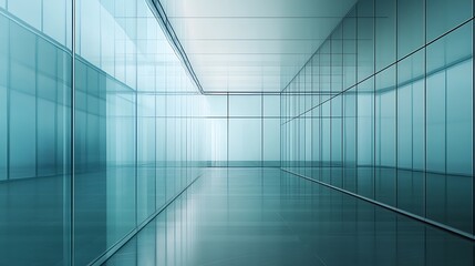 Obraz premium Modern, teal-toned glass-walled corridor.