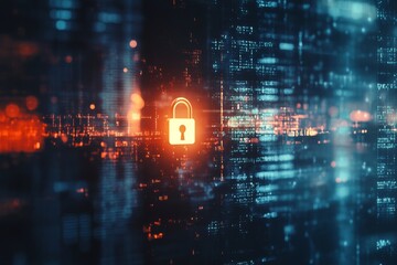 Abstract blurred background featuring digital security data and padlock symbol on computer screen