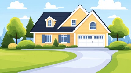 Charming yellow house with landscaped garden and blue sky in a serene neighborhood setting