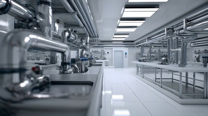 Fototapeta premium Industrial facility's sterile, stainless steel laboratory equipment.