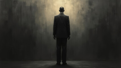 Obraz premium man in suit stands in dimly lit room, contemplating