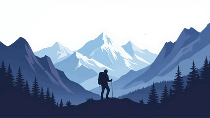 Active vector illustration of person hiking mountain trail. Perfect for outdoor gear, travel blogs, and adventure apps. Backpack and walking stick.