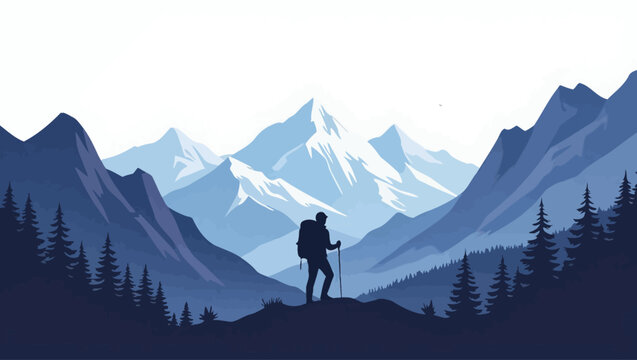 Active vector illustration of person hiking mountain trail. Perfect for outdoor gear, travel blogs, and adventure apps. Backpack and walking stick.
