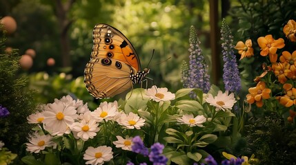 Obraz premium Butterfly fluttering among fresh spring flowers in a lush green garden with a springtime atmosphere