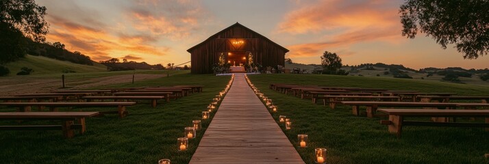 Rustic wedding ceremony at sunset with wooden barn backdrop.