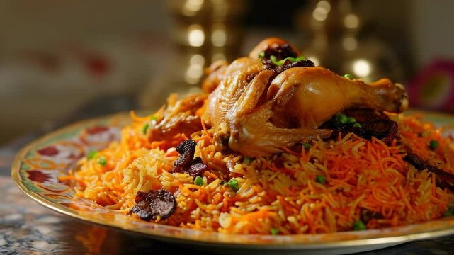 A plate of food with a lot of meat and vegetables on top of a plate of rice. The plate is decorated with a lot of colors and patterns